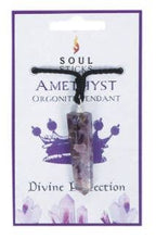 Load image into Gallery viewer, Sansaara Living - Orgone Point Pendant, Carded - Amethyst, 4.5"