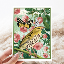 Load image into Gallery viewer, Cheerful Whimsies - Birthday Card. Yellow Bird With Butterfly Wearing Hat.