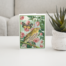 Load image into Gallery viewer, Cheerful Whimsies - Birthday Card. Yellow Bird With Butterfly Wearing Hat.
