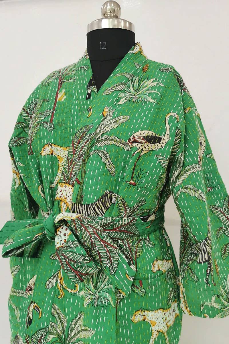 Women Reversible Long Kimono Jacket Kantha Stitch100% Cotton