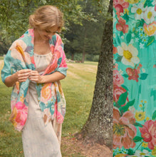 Load image into Gallery viewer, IMPRESSIONIST FLORAL LINEN SCARF TEAL