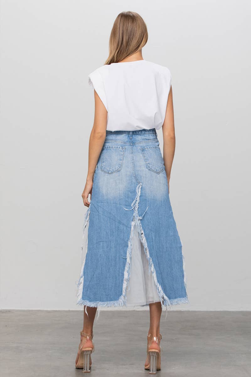 Insane Gene USA - Long Length Ripped Raw Hem Paneled Denim Skirt: M