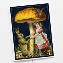 Load image into Gallery viewer, Cheerful Whimsies - Greeting Card. Vintage Girl And Rabbit Under Toadstool.
