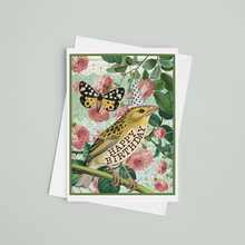 Load image into Gallery viewer, Cheerful Whimsies - Birthday Card. Yellow Bird With Butterfly Wearing Hat.

