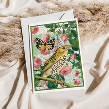 Load image into Gallery viewer, Cheerful Whimsies - Birthday Card. Yellow Bird With Butterfly Wearing Hat.
