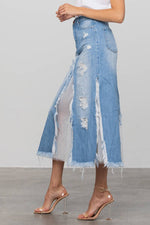 Load image into Gallery viewer, Insane Gene USA - Long Length Ripped Raw Hem Paneled Denim Skirt: M
