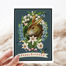 Load image into Gallery viewer, Cheerful Whimsies - Greeting Card. Happy Birthday! Vintage Rabbit Floral Wreath.
