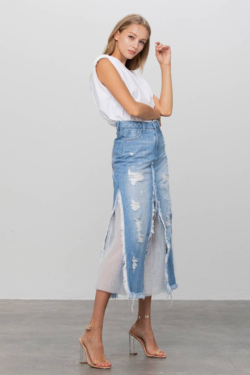 Insane Gene USA - Long Length Ripped Raw Hem Paneled Denim Skirt: M