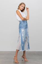 Load image into Gallery viewer, Insane Gene USA - Long Length Ripped Raw Hem Paneled Denim Skirt: M
