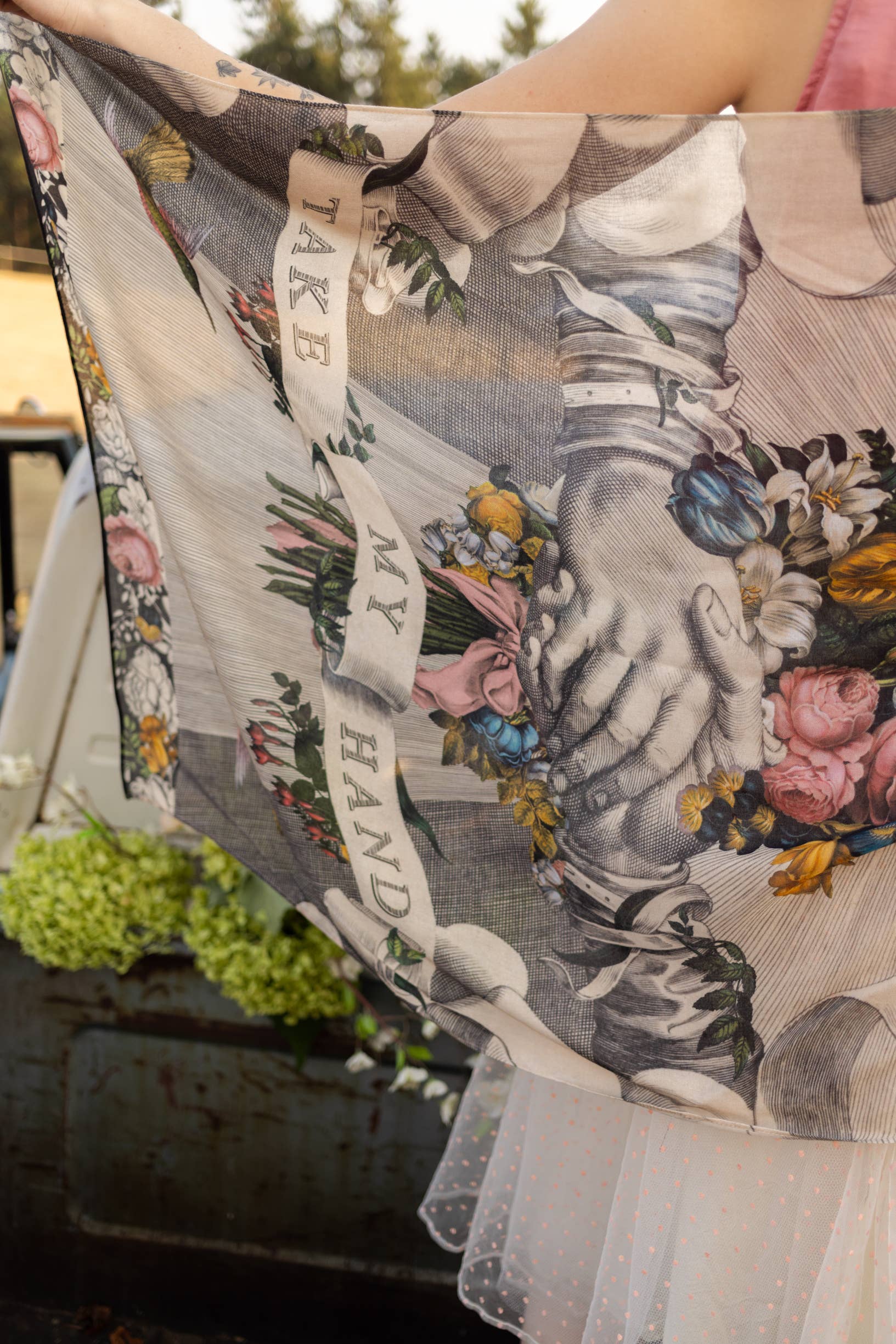 Market of Stars - Take My Hand Boho Floral Bamboo Scarf with Hummingbirds