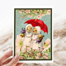 Load image into Gallery viewer, Cheerful Whimsies - Greeting Card. Vintage Chic Friends Under Red Umbrella.
