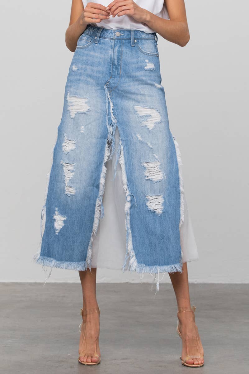 Insane Gene USA - Long Length Ripped Raw Hem Paneled Denim Skirt: M