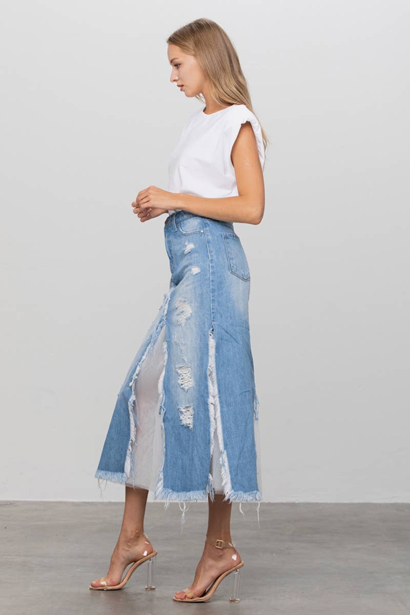 Insane Gene USA - Long Length Ripped Raw Hem Paneled Denim Skirt: S