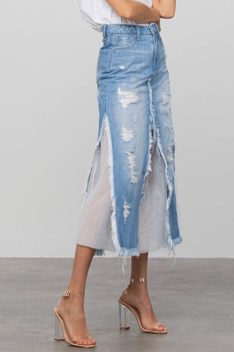 Insane Gene USA - Long Length Ripped Raw Hem Paneled Denim Skirt: M