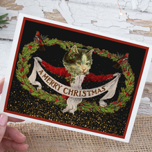 Load image into Gallery viewer, Cheerful Whimsies - Christmas Card. Vintage Cat With Banner.
