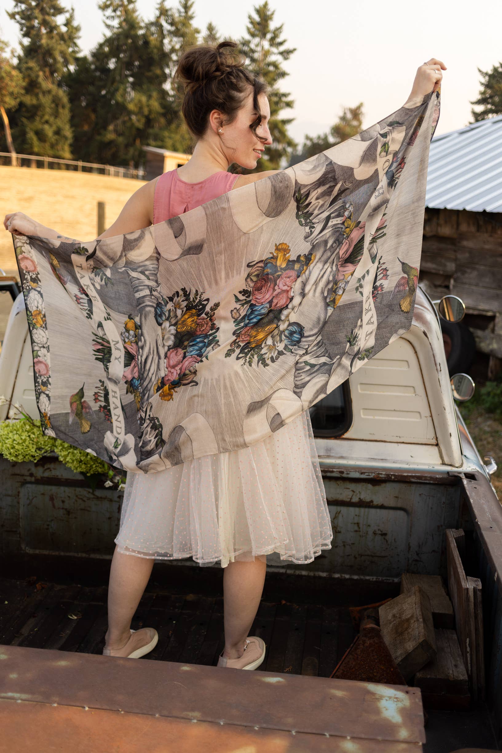 Market of Stars - Take My Hand Boho Floral Bamboo Scarf with Hummingbirds