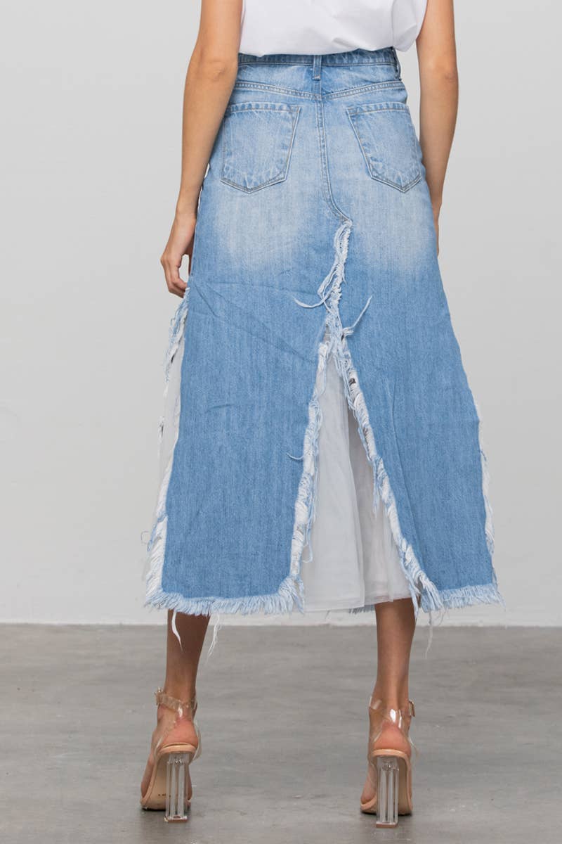 Insane Gene USA - Long Length Ripped Raw Hem Paneled Denim Skirt: M