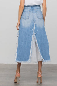Insane Gene USA - Long Length Ripped Raw Hem Paneled Denim Skirt: S