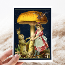 Load image into Gallery viewer, Cheerful Whimsies - Greeting Card. Vintage Girl And Rabbit Under Toadstool.
