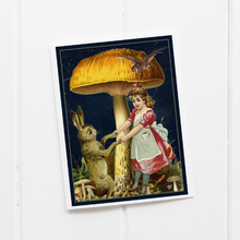Load image into Gallery viewer, Cheerful Whimsies - Greeting Card. Vintage Girl And Rabbit Under Toadstool.
