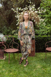 Love Grows Wild Boho Linen Bee Print Cropped Artist Pants: Ankle / Floral / One Size