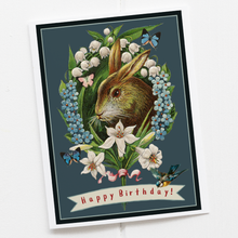 Load image into Gallery viewer, Cheerful Whimsies - Greeting Card. Happy Birthday! Vintage Rabbit Floral Wreath.

