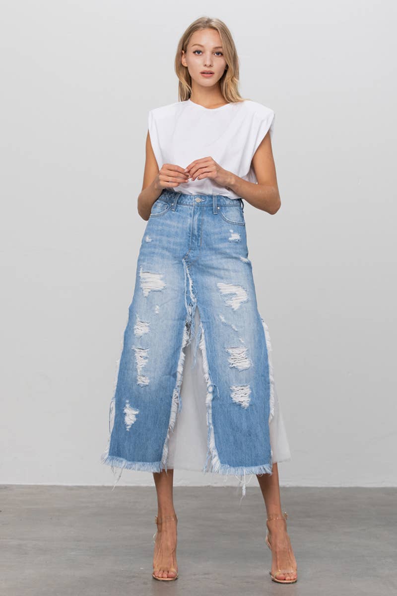 Insane Gene USA - Long Length Ripped Raw Hem Paneled Denim Skirt: M