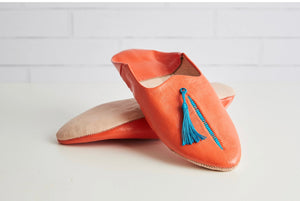 MOROCCAN LEATHER SLIPPERS ORANGE/BLUE
