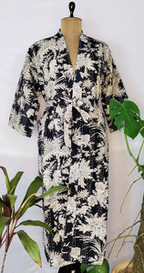 Kantha Stitch 100% Cotton Reversible Long Kimono Women Jacket | Handmade Men Robe | Unisex Gift | Elegant Black Anthro White Floral