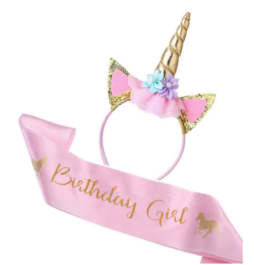 UNICORN HEADBAND AND BIRTHDAY GIRL BANNER