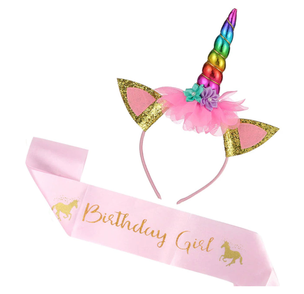 UNICORN HEADBAND AND BIRTHDAY GIRL BANNER