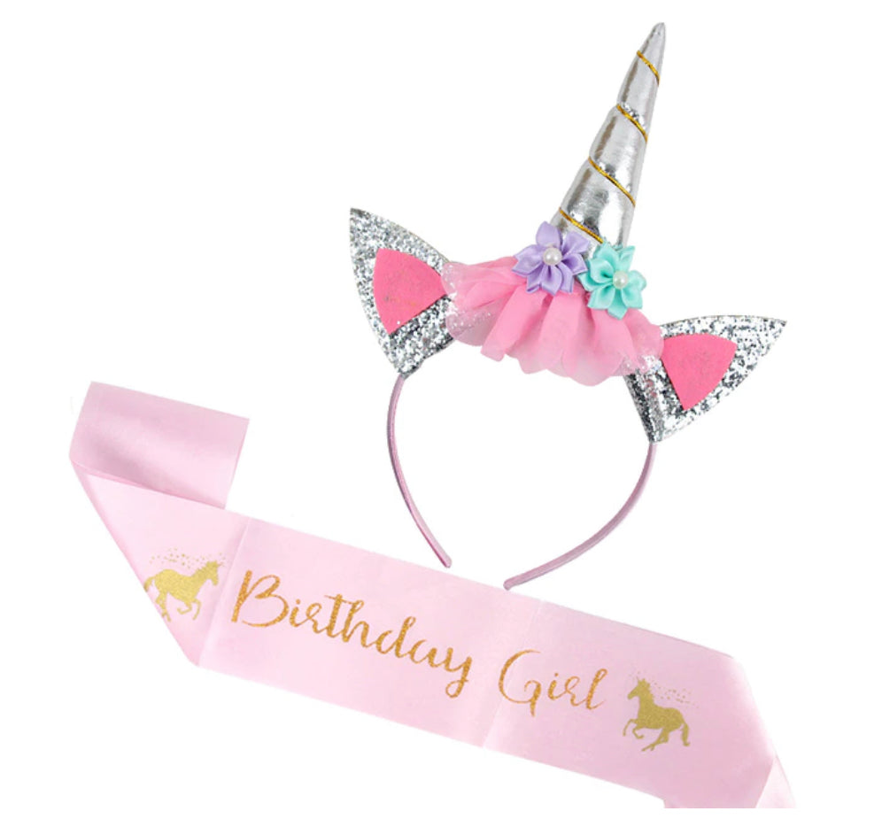 UNICORN HEADBAND AND BIRTHDAY GIRL BANNER