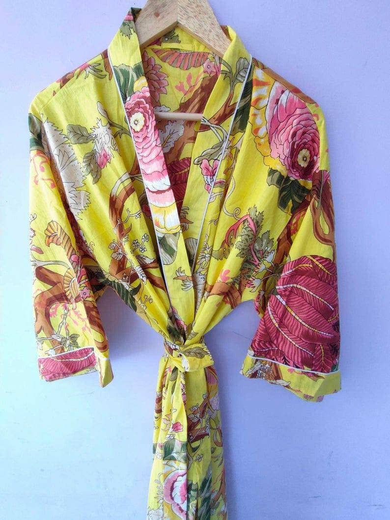 Yellow Floral Print Kimono Robe, Handmade Kimono, Japanese Kimono, Bridal Kimono, Maternity Robe, Summer Kimono, Free Size Kimono, Bathrobe