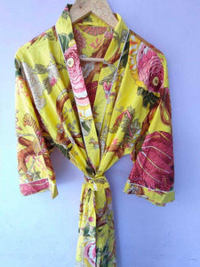 Yellow Floral Print Kimono Robe, Handmade Kimono, Japanese Kimono, Bridal Kimono, Maternity Robe, Summer Kimono, Free Size Kimono, Bathrobe