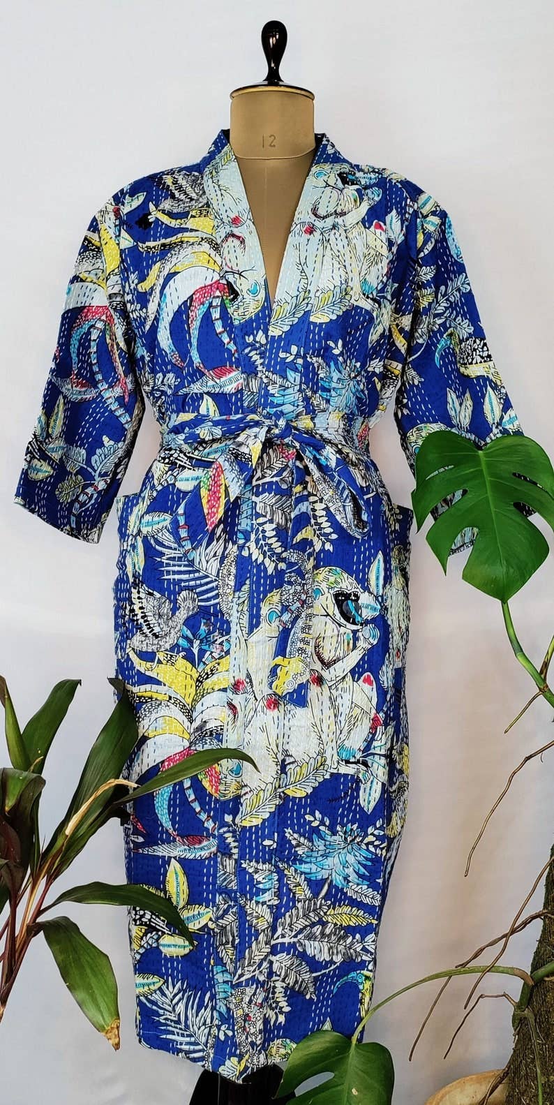 Kantha Stitch 100% Cotton Reversible Long Kimono Women Jacket | Handmade Unisex Gift | Beautiful Blue Safari Animal Bird Floral