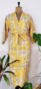 Kantha Stitch 100% Cotton Reversible Long Kimono Women Jacket | Handmade Men Robe | Unisex Gift | Regal Yellow Anthro White Floral