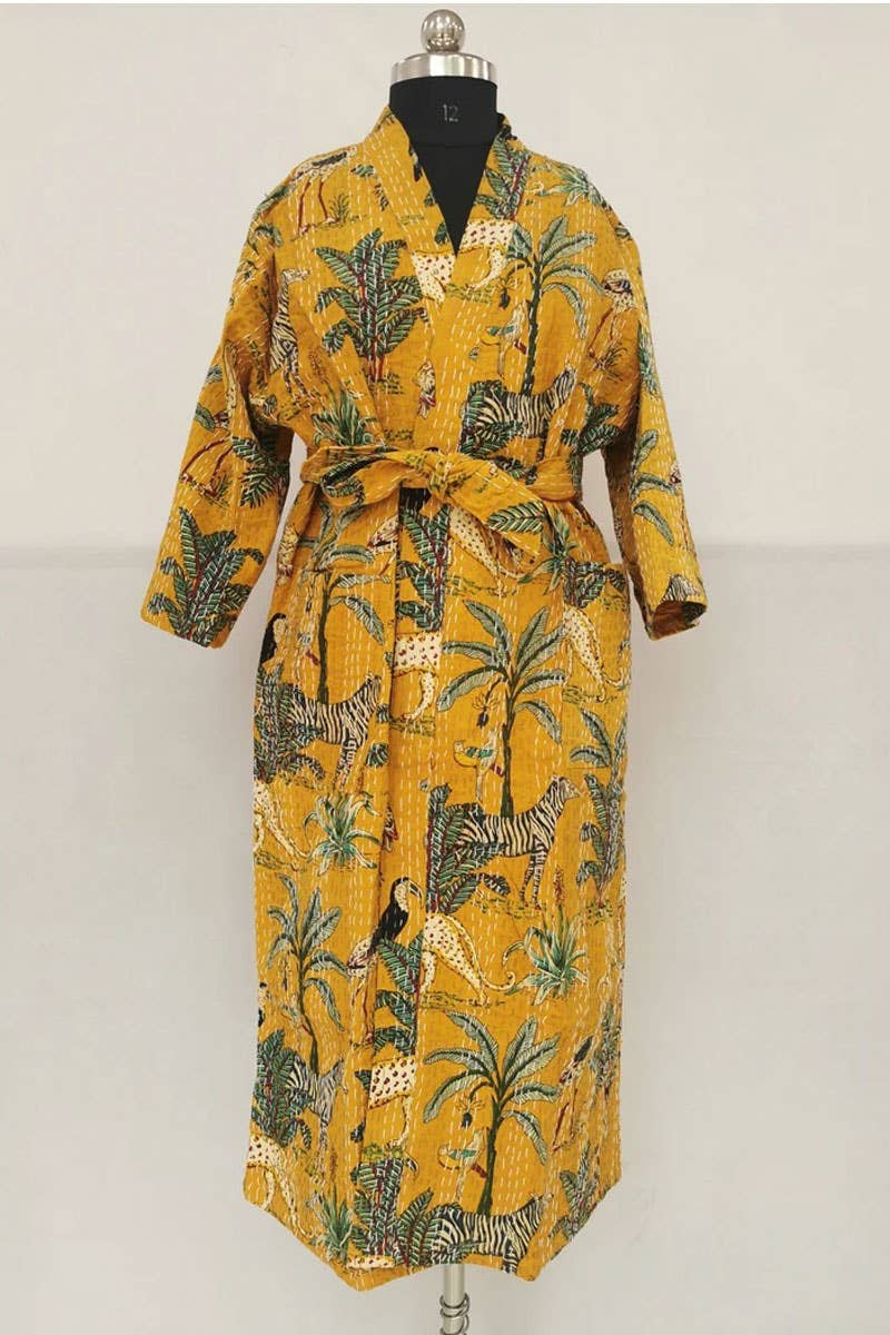 Women Reversible Long Kimono Jacket Kantha Stitch100%Cotton
