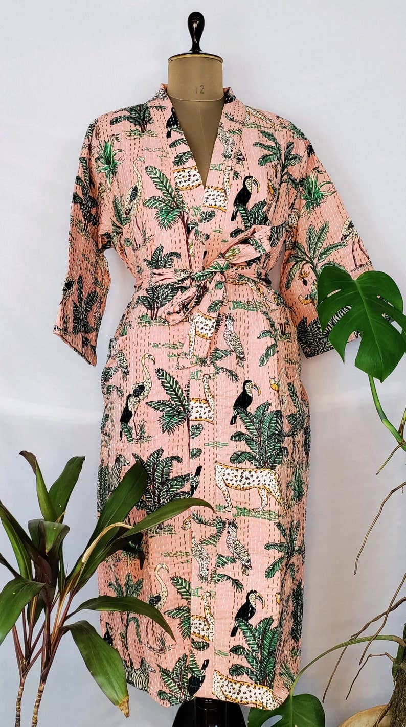 Kantha Stitch 100% Cotton Reversible Long Kimono Women Jacket | Handmade Men Robe | Unisex Gift | Elegant Pink Safari Birds Present For Her