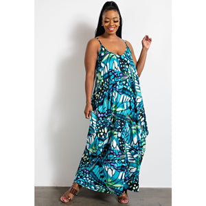 PLUS SIZE ABSTRACT BUTTERFLY PRINT PEGGED MAXI DRESS